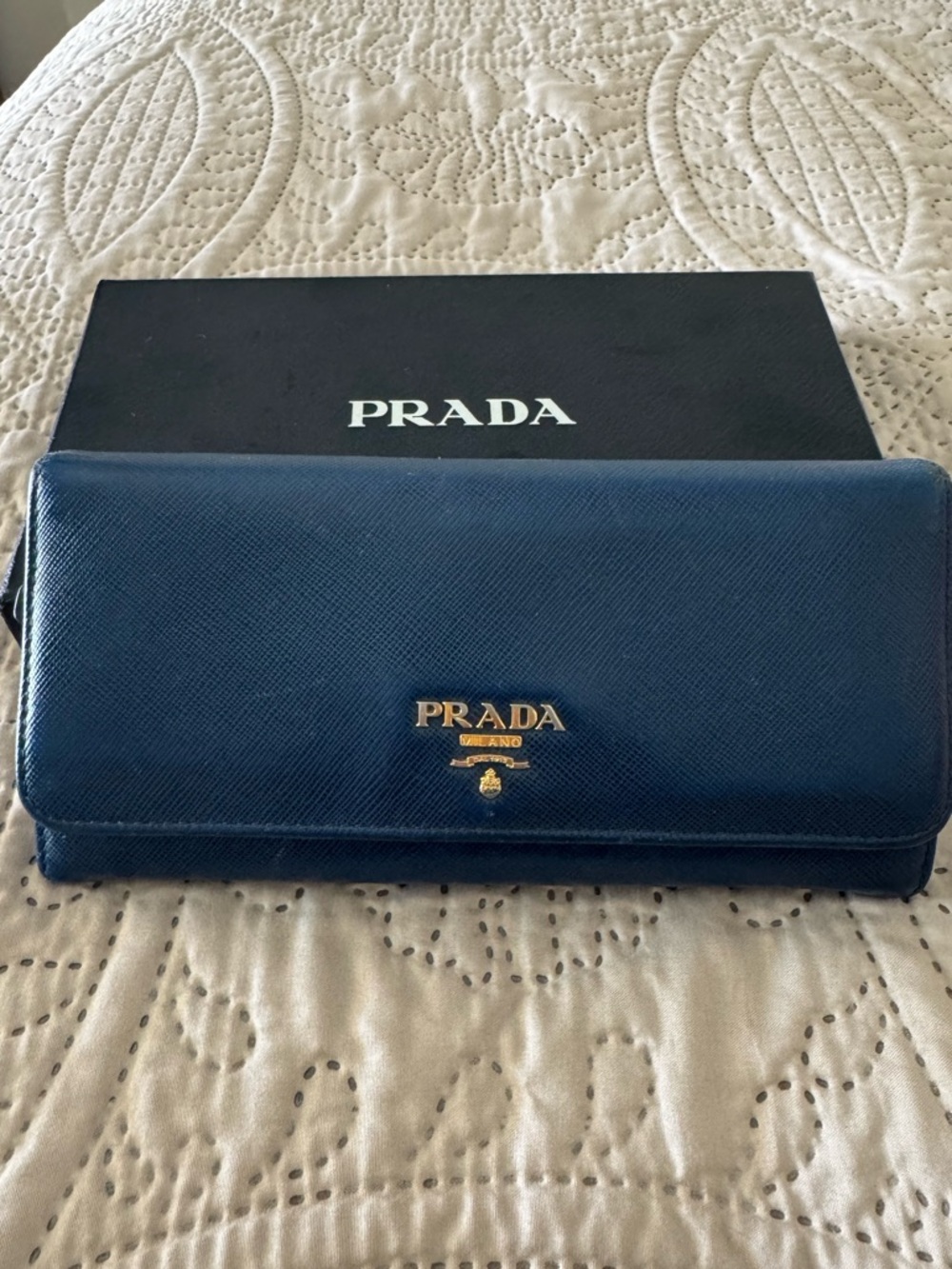 Prada Saffiano Leather Continental Wallet - Deep Blue with Gold Logo